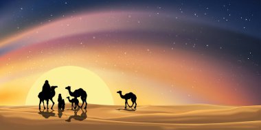 Arap ailesiyle ve Müslüman karavanla birlikte vektör çöl manzarası. Kum tepelerinde turuncu güneş ışığı yansıması ile gezen develer. Ramazan Kareem kavramı.