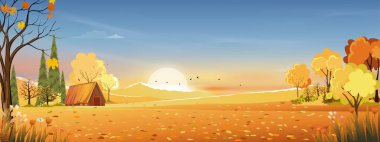 Günbatımı, mavi ve turuncu gökyüzü arkaplanı ile sonbahar kırsal manzarası, Vector çizgi filminin sonbahar mevsimi orman ağacı ve çimen tarlası ile gündoğumu doğal afişi, 