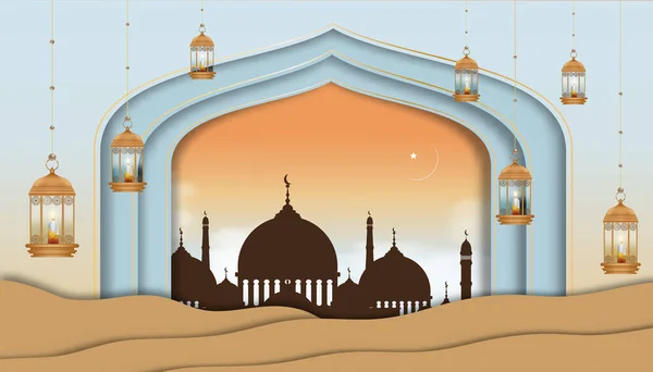Eid Mubarak Hintergrund Moscheefenster Mit Islamischer Laterne Und Kerze Auf — Stockvektor