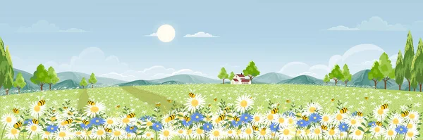 Spring Field Fluffy Cloud Blue Sky Cute Cartoon Panorama Village - Stok Vektor
