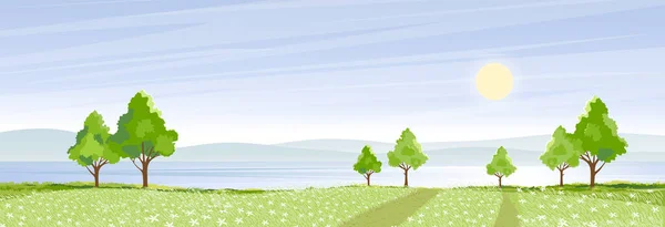 Paisaje Primavera Pueblo Junto Lago Con Campos Verdes Montaña Cielo — Vector de stock