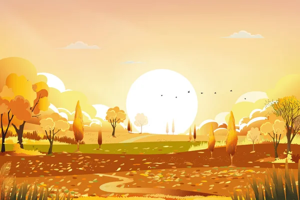 青とオレンジの空を背景にした夜の田園風景 日の出と森の木と草原の田園地帯でのベクトル漫画の秋の季節 背景自然バナー — ストックベクタ