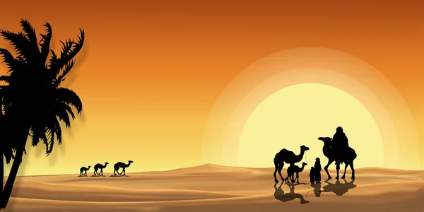 Vektorwüstenlandschaft Sonnenuntergang Mit Muslimischen Karawanen Auf Kamelen Durch Die Sanddünen — Stockvektor