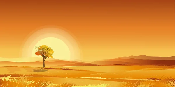 Закат Оранжевого Неба Сельский Пейзаж Фермерских Полях Травой Горе Векторный — стоковый вектор