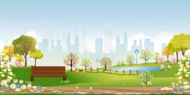 Spring landscape at city park in the morning, Natural public park with flowers blooming in the garden, Peaceful scene of green fields with blurry cityscape building, cloudy and sun on summer clipart