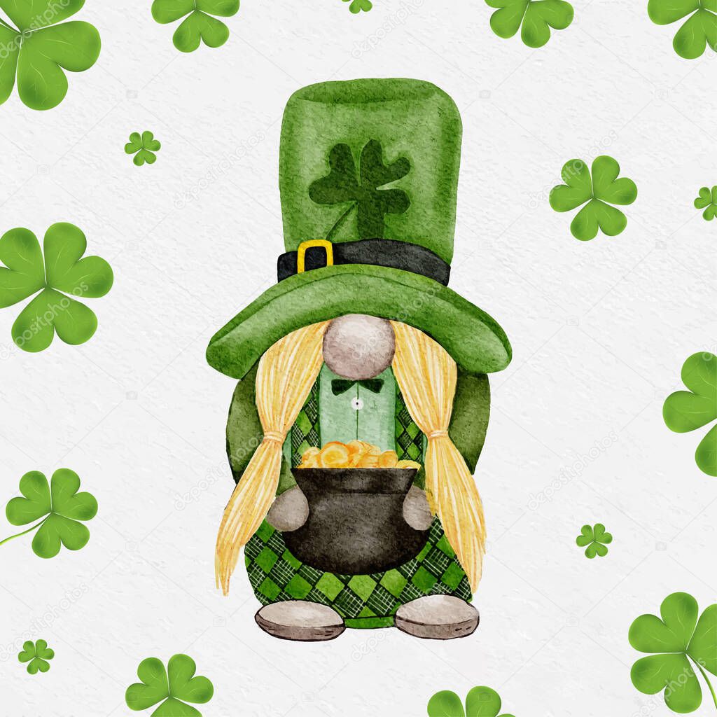 St Patrick Day leprechaun with four leaves clovers, Greeting card a Irish gnomes with pot golden coins ,shamrock a luck symbols.Vector Watercolour green Scandinavian Dwarfs collection in Celtic