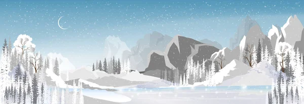 Winterlandschaft See Mit Waldkiefer Magische Nacht Winter Mit Mondsichel Und — Stockvektor