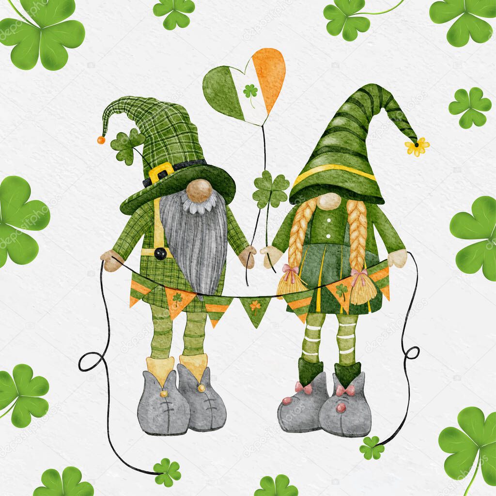 St Patrick Day leprechaun with four leaves clovers, Greeting card a Irish gnomes holding flags with shamrock a luck symbols.Vector Watercolour green Scandinavian Dwarfs collection in Celtic