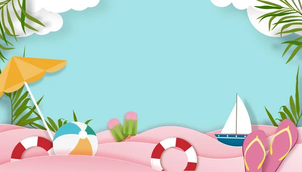 ピンクの波の層とコピースペースとビーチ休暇の休日のテーマを持つ夏の背景 ベクトルトップビュー熱帯の夏のデザイン ヤシの葉と青空の背景に雲の紙のカット — ストックベクタ