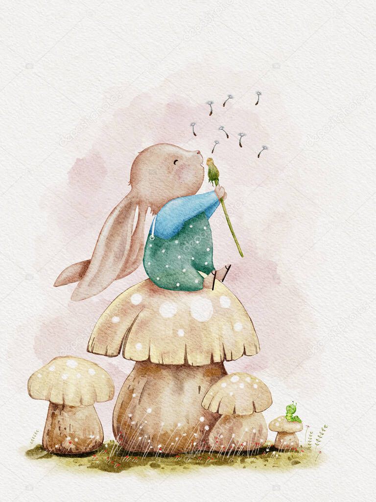 Cute Rabbit sitting on mushroom blowing dandelion flower water colour hand paint,illustration Cartoon hand drawn bunny character for Easter greeting card, Spring, Summer poster  background