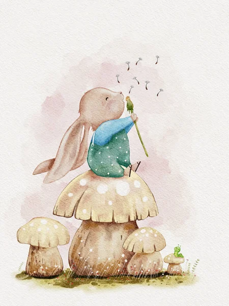 Cute Rabbit Siedzi Grzybie Dmuchanie Mniszka Lekarskiego Kwiat Woda Kolor — Zdjęcie stockowe
