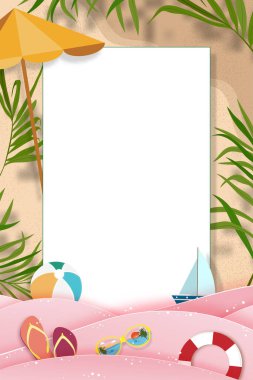 Yaz arkaplanı, plaj tatili temalı pembe dalga katmanı ve fotokopi alanı, vektör düz kağıt kesiği, tropikal yaz tasarımı, kum plajı arka planında palmiye yaprağı ve bulut.