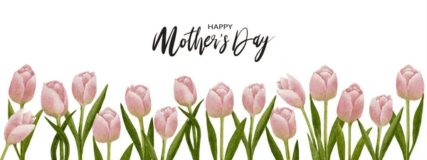Mother Day Greeting Card Pink Tulips Watercolour Border White Background - Stok Vektor