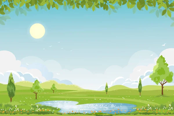 Spring landscape in village with lake view, mountains and blue sky,Vector cartoon banner Spring season,Panorama countryside in the morning in summer with bright light from sun and reflection on water