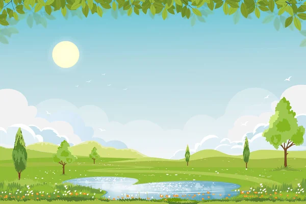 Frühlingslandschaft Dorf Mit Seeblick Bergen Und Blauem Himmel Vector Cartoon — Stockvektor