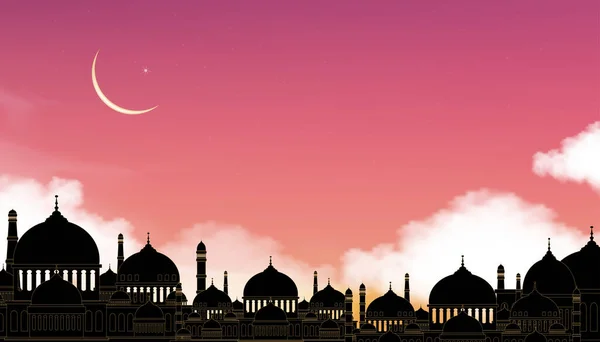 Cartão Eid Mubarak Mesquitas Silhueta Cúpula Noite Com Lua Crescente — Vetor de Stock