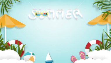 Beyaz dalga katmanı ve kopyalama alanı olan yaz tatili temalı yaz arkaplanı, tropikal yaz tasarımının Vector Top görünümü kağıt kesimi, palmiye yaprakları ve mavi gökyüzü arka planında bulut