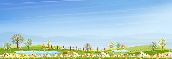 Primavera Con Cielo Azzurro Prato Verde Sulle Colline Cartone Animato — Vettoriale Stock