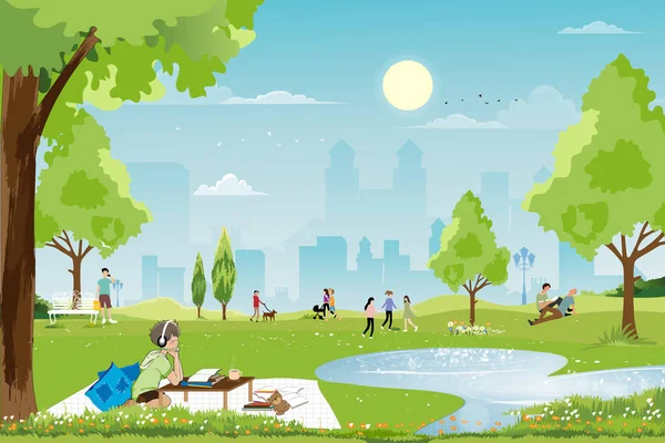 Pagi Taman Kota Dengan Keluarga Bersenang Senang Taman Anak Laki - Stok Vektor