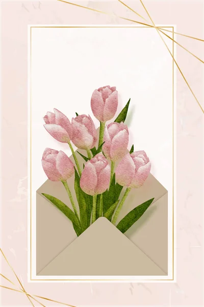 Ramo Tulipanes Rosados Dentro Del Sobre Acuarela Pintura Mano Flores — Vector de stock