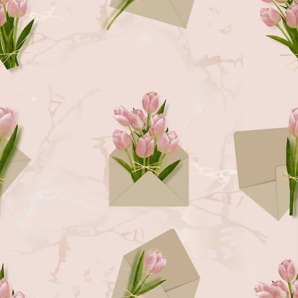 Buket Pink Tulips Mulus Dalam Amplop Pada Marmer Persik Background - Stok Vektor
