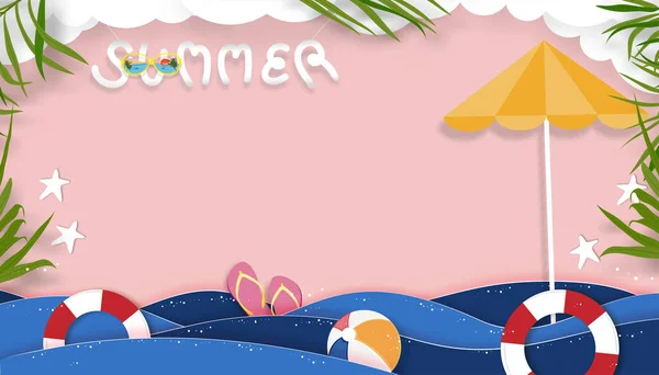 ピンクの波の層とコピースペース ベクトルトップビューの熱帯夏のデザイン ヤシの葉とピンクの空の背景に雲の紙のカットとビーチ休暇の休日のテーマと夏の背景 — ストックベクタ