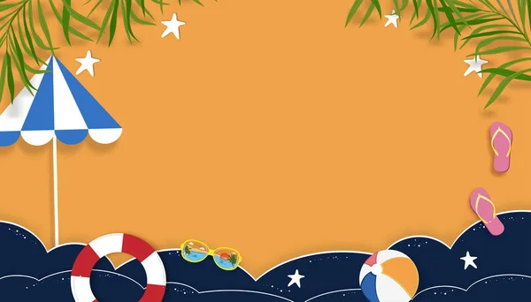 具有粉色波浪层和复制空间的海滨度假主题的夏季背景 热带夏季设计 棕榈叶和橙色天空背景云彩的矢量顶部视图剪报 — 图库矢量图片