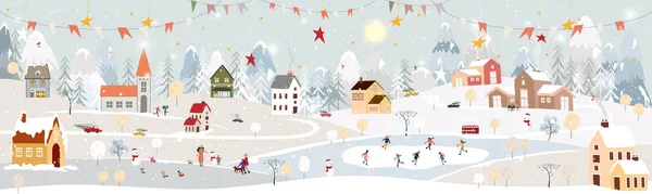 Winterlandschaft Feiern Von Weihnachten Und Neujahr 2023 Dorf Bei Nacht — Stockvektor