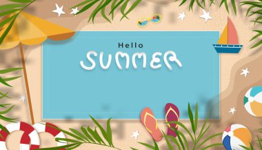 Plajda tatil temalı yaz tatili temalı, kumsalda fotokopi alanı olan, vektör ufuk pankartı düz, plajda hindistan cevizi palmiyesi yapraklı tropik yaz tasarımı.
