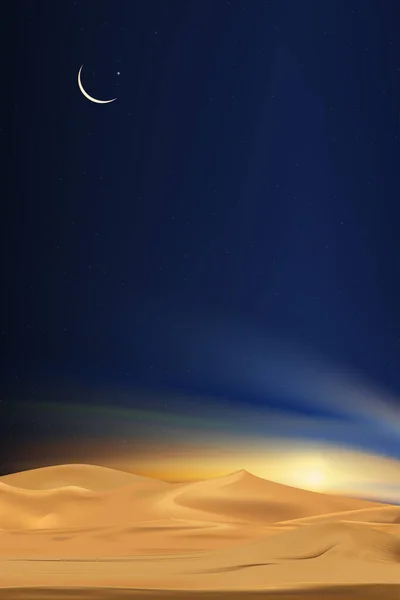 砂漠の風景砂丘 三日月と暗い夜の星とイスラムやラマダーンKareemカードのデザインの背景 イードムバラク イード フィトルのためのイスラムやイスラム教徒の象徴ベクトル宗教 — ストックベクタ