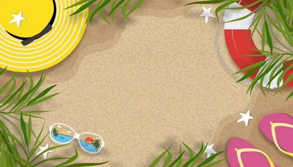 砂浜のコピースペースを持つビーチ休暇の休日のテーマを持つ夏の背景 ベクトル水平線のバナーフラットレイペーパーは熱帯をカットココナッツヤシの葉の境界線と夏のデザインビーチで — ストックベクタ