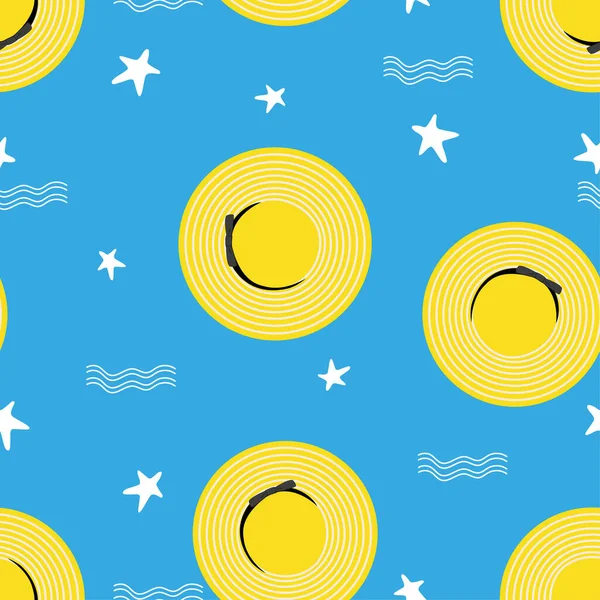手描きの要素とカラフルな夏のシームレスなパターン ビーチの帽子 青い背景の星の魚と波 ベクトルファッショントレンディーな無限のデザインの女性のための太陽の帽子夏休みのコンセプト — ストックベクタ