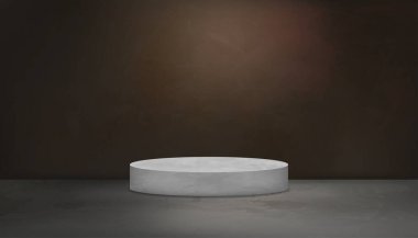 Arkaplan odası koyu kahverengi ve çimento desenli duvar arka planında podyum, portre ürünleri için uygun sıcak tonda, gri zemin beton yüzeyi aydınlık ve gölgede.