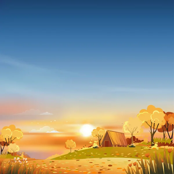 オレンジと青空を背景にした秋の田園風景の夕日 日の出と秋の季節の自然のベクトル漫画の背景 森林の木の丘の上にコテージハウスと田舎の農場フィールド — ストックベクタ