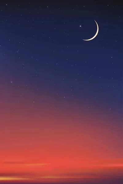 オレンジの空の背景に三日月とイスラムカード 劇的なサセットで垂直バナーラマダーン夜 イスラム教のための夕暮れの空 イード アーダ イード ムバラク イード フィトル — ストックベクタ