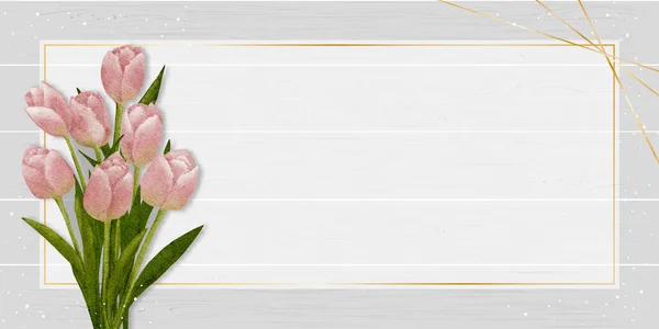 Tulpenaquarellfarbe Mit Goldenem Rahmen Auf Holztafelhintergrund Vektorfrühlingsblume Illustration Rosa Strauß — Stockvektor