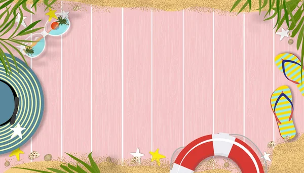ピンクの木製パネル上のコピースペースとビーチ休暇の休日のテーマを持つ夏の背景 ベクトル水平線のバナーフラットは熱帯を敷設ヤシの葉の境界線と夏のデザイン木の板テクスチャ — ストックベクタ