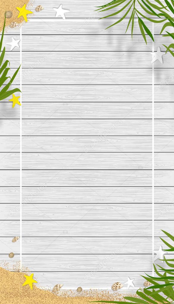 Summer background with beach vacation holiday theme with copy space on white wooden panel,Vector vertical banner flat lay tropical Summer design with coconut palm leaves , sand on wood plank textured