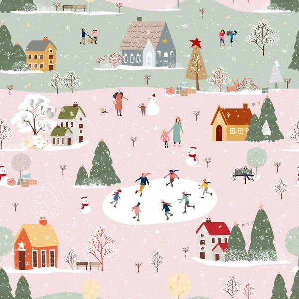 无缝图案的乡村冬季仙境风光 向量快乐的孩子在公园里玩溜冰鞋 无尽的冬季城市夜生活在圣诞和2022年新年的背景下 — 图库矢量图片