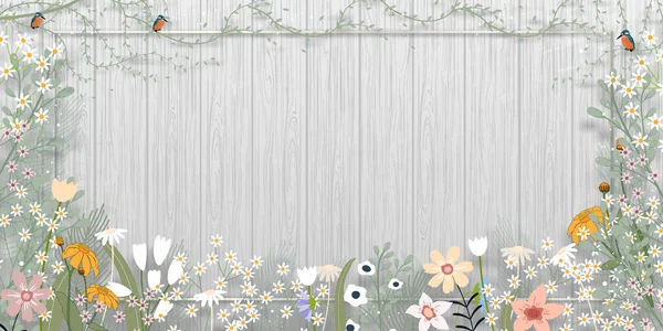 Fond Printanier Avec Bordure Florale Mignonne Sur Fond Mural Bois — Image vectorielle