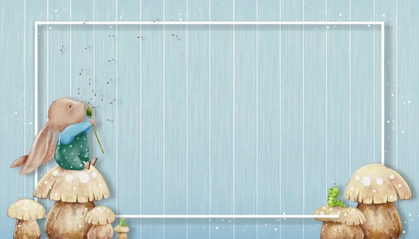水彩かわいいウサギは青い木製の壁の背景にタンポポの花を吹いてキノコに座って ベクトルイラストハンドペイント漫画ウサギはイースター 夏のバナーのためのテクスチャ木製パネル上に — ストックベクタ