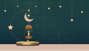 Geleneksel İslami fenerli İslami podyum, Hilal aylı yıldız yeşil zeminde asılı, Müslüman Dini 'nin Vektör Arkaplanı, Kurban Bayramı, Ramazan Bayramı, Mübarek Kurban Bayramı