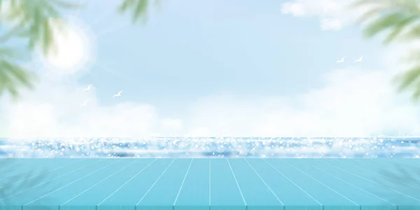 Морской Пейзаж Верхушкой Деревянного Стола Море Облако Небе Горизонт Естественный — стоковый вектор