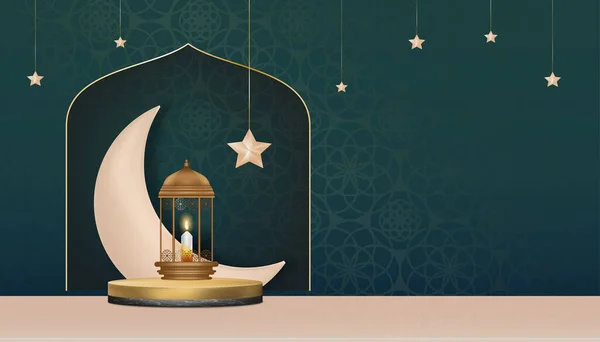 イスラーム ポディウムとクレセントムーン 星が緑の背景にぶら下がっている イスラム教の宗教のベクトル背景象徴的 イード フィトル ラマダーン カレーム イード アーダ — ストックベクタ