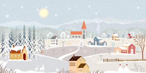 在乡村背景下 乡村冬季的夜景 在山丘和森林松树上建有房子的矢量横幅冬季仙境 庆祝圣诞节和2023年新年的背影 — 图库矢量图片