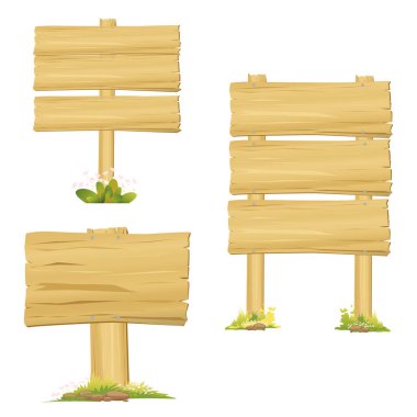 Beyaz arka planda ahşap tabela, yeşil çimenli ve şirin çiçekli çeşitli pankartlar, İlkbahar, Yaz, Paskalya veya Web afiş dekoratif tasarımları için vektör çizim elementleri