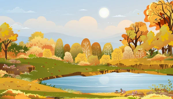 青とピンクの空を背景にした夜の田園風景 日の出と森の木と草原の田園地帯でのベクトル漫画の秋の季節 秋のための背景バナー — ストックベクタ