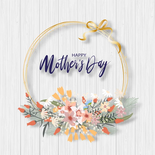 Happy Mother Day Greeting Card Beautiful Bouquet Spring Flowers Wood - Stok Vektor