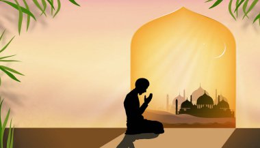 Hilal aylı İslami Siluet Camii ve namaz kılan Müslüman adam, Müslüman Sembolik Dinin Vektör İllüstrasyonu, Kurban Bayramı, Ramazan Bayramı, Kurban Bayramı, Mübarek