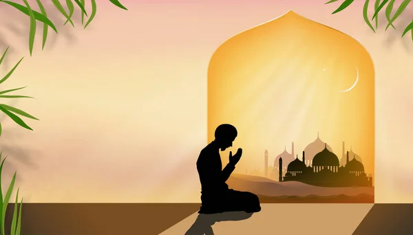 Mosquée Silhouette Islamique Avec Croissant Lune Homme Musulman Priant Illustration — Image vectorielle